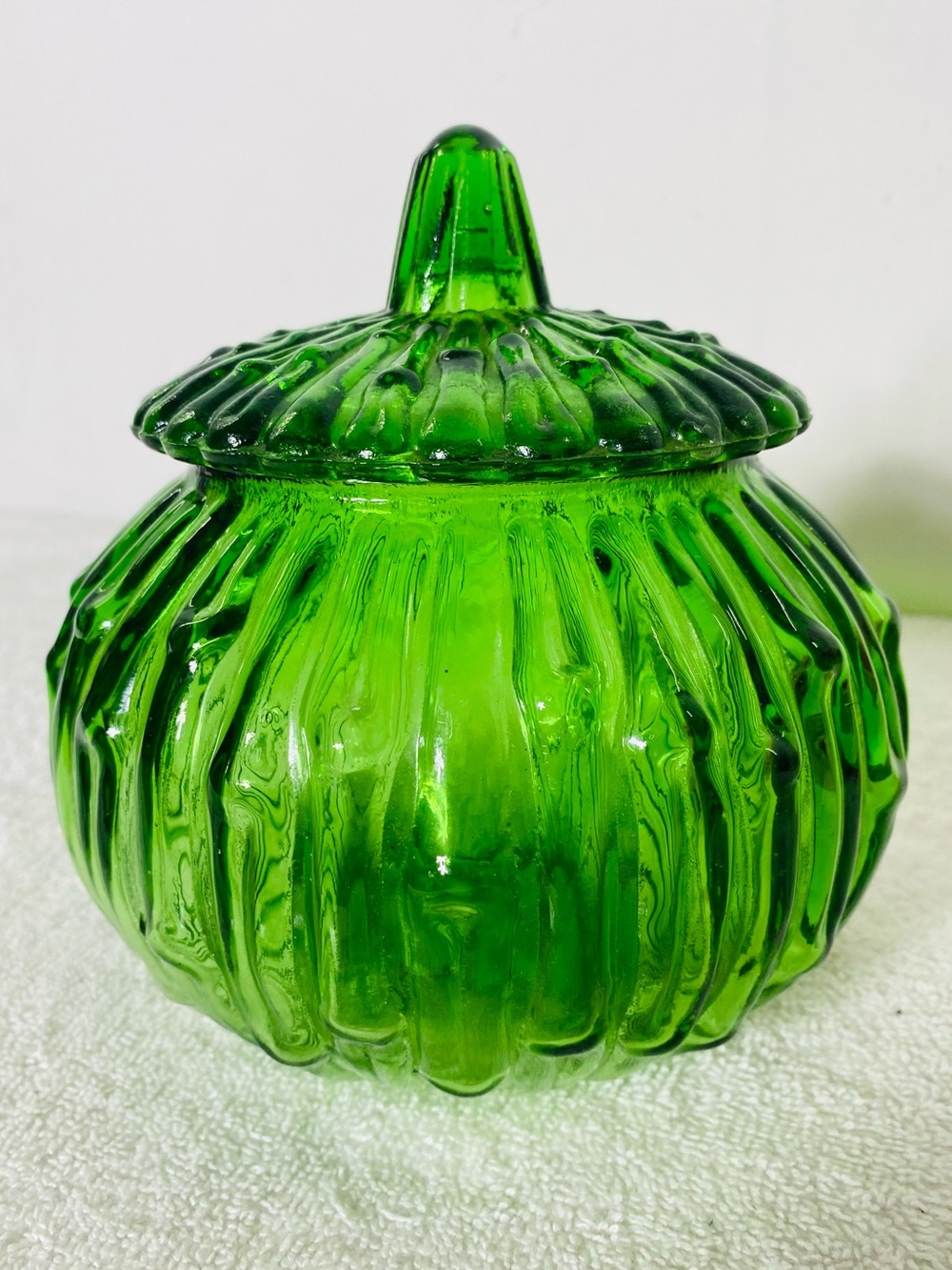 Vintage Anchor Hocking Green Glass Candy Dish Ribbed Pumpkin Jar With Lid
